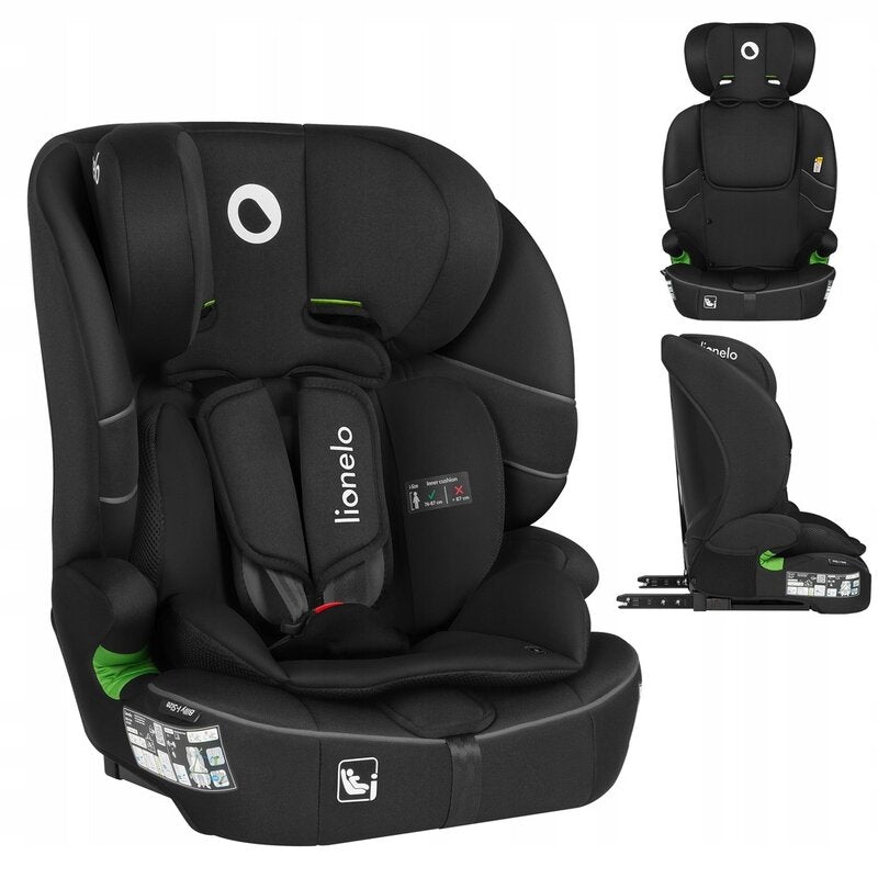 Scaun auto i-Size, Lionelo, Billy , 76 - 150 cm, 1/2/3, Isofix + top tether, Tetiera reglabila in 10 pozitii, Insertie ergonomica, Tapiterie lavabila, Testat la impact, Baza lata, Conform cu R129, Negru