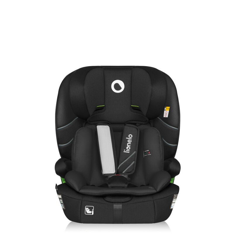 Scaun auto i-Size, Lionelo, Levi Fix, 76 - 150 cm, 1/2/3, ISOFIX + Top Tether, Tetiera reglabila in 10 pozitii, Insertie ergonomica Dri-Seat, Tapiterie lavabila, Testat la impact, Baza lata, Cotiere practice, Conform cu R129, Negru