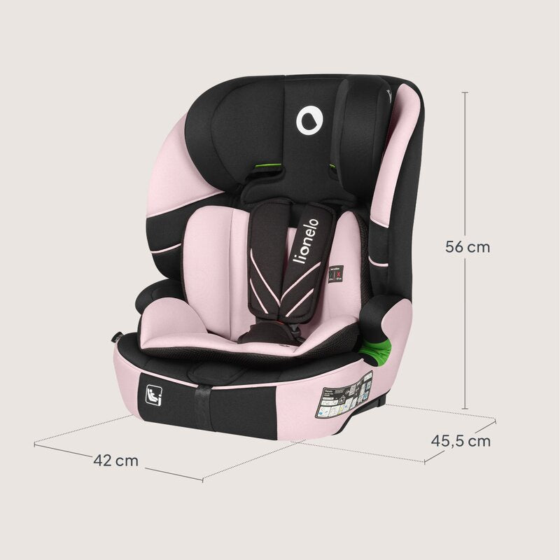 Scaun auto i-Size, Lionelo, Levi Fix, 76 - 150 cm, 1/2/3, ISOFIX + Top Tether, Tetiera reglabila in 10 pozitii, Insertie ergonomica Dri-Seat, Tapiterie lavabila, Testat la impact, Baza lata, Cotiere practice, Conform cu R129, Roz