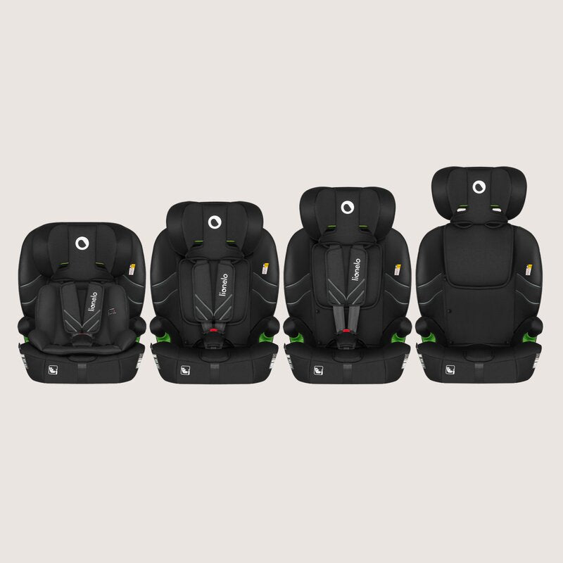 Scaun auto i-Size, Lionelo, Levi Fix, 76 - 150 cm, 1/2/3, ISOFIX + Top Tether, Tetiera reglabila in 10 pozitii, Insertie ergonomica Dri-Seat, Tapiterie lavabila, Testat la impact, Baza lata, Cotiere practice, Conform cu R129, Negru