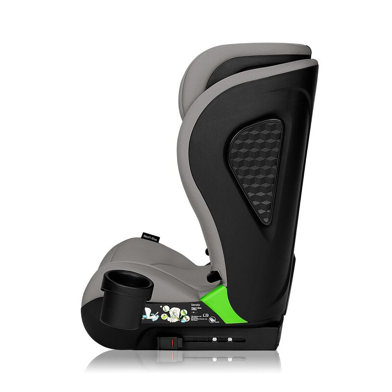 Scaun auto i-Size, Lionelo, Neal, Spatar reglabil in 4 pozitii, Tetiera in 10 pozitii, Suport sticla inclus, 15-36 Kg, 100-150 cm, Cu Isofix, Conform ECE R129, Gri