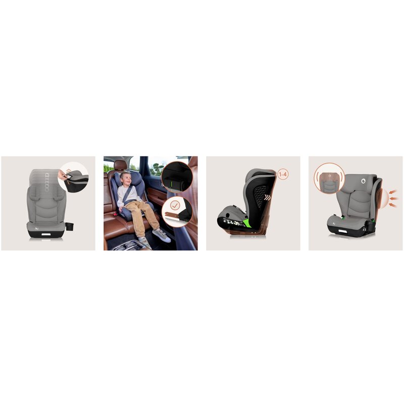 Scaun auto i-Size, Lionelo, Neal, Spatar reglabil in 4 pozitii, Tetiera in 10 pozitii, Suport sticla inclus, 15-36 Kg, 100-150 cm, Cu Isofix, Conform ECE R129, Gri