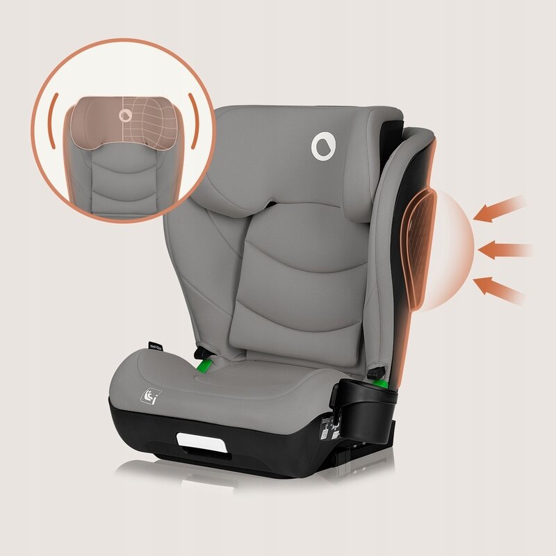 Scaun auto i-Size, Lionelo, Neal, Spatar reglabil in 4 pozitii, Tetiera in 10 pozitii, Suport sticla inclus, 15-36 Kg, 100-150 cm, Cu Isofix, Conform ECE R129, Gri