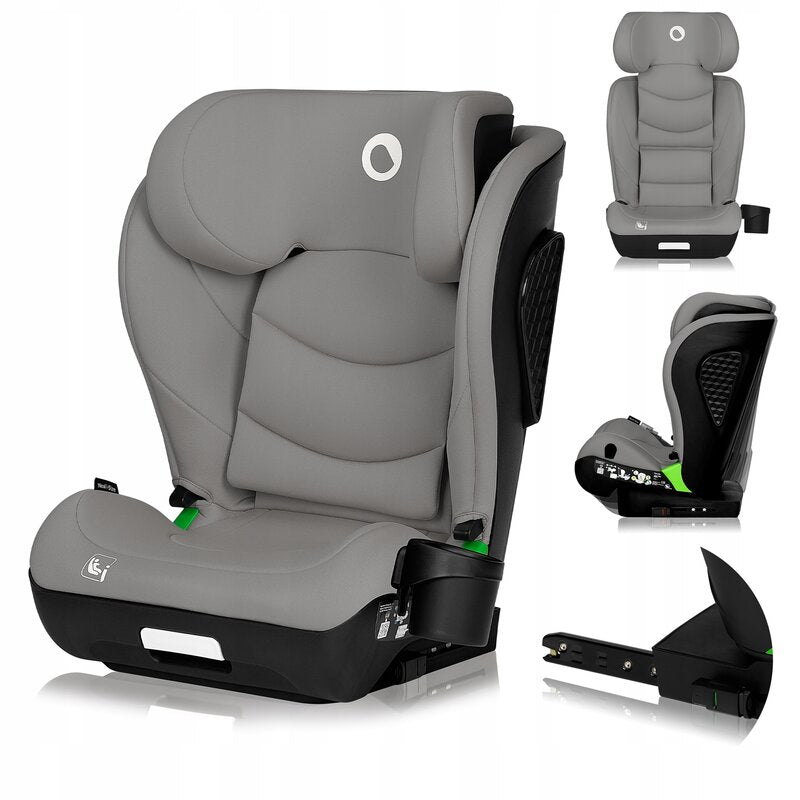 Scaun auto i-Size, Lionelo, Neal, Spatar reglabil in 4 pozitii, Tetiera in 10 pozitii, Suport sticla inclus, 15-36 Kg, 100-150 cm, Cu Isofix, Conform ECE R129, Gri
