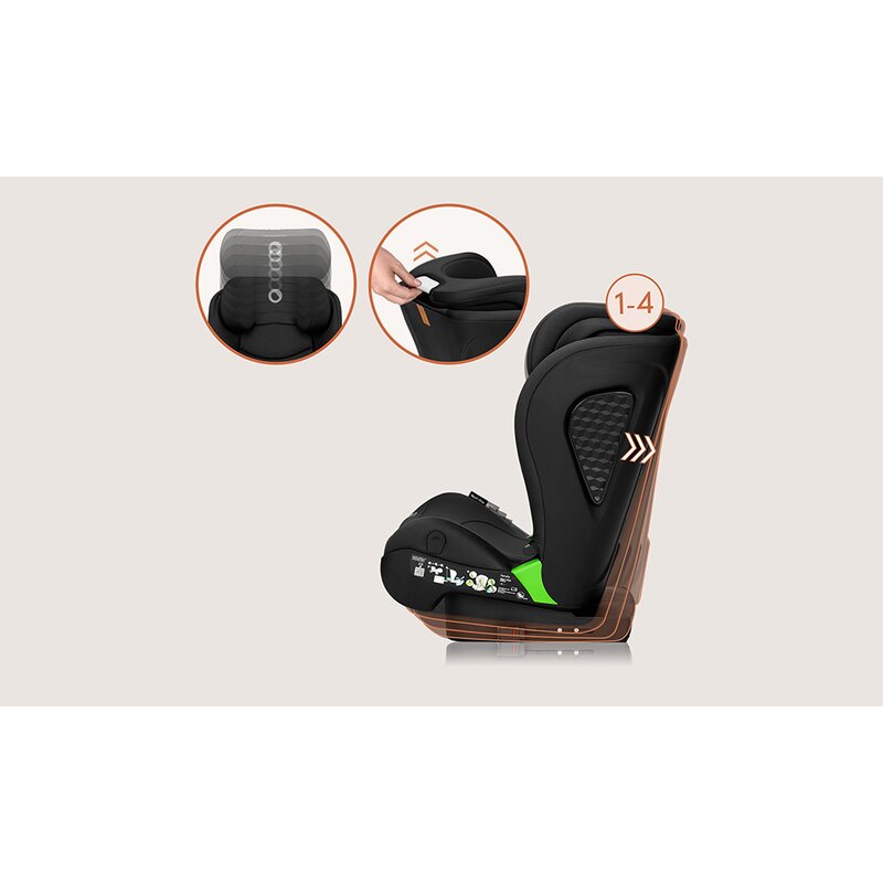 Scaun auto i-Size, Lionelo, Neal, Spatar reglabil in 4 pozitii, Tetiera in 10 pozitii, Suport sticla inclus, 15-36 Kg, 100-150 cm, Cu Isofix, Conform ECE R129, Negru