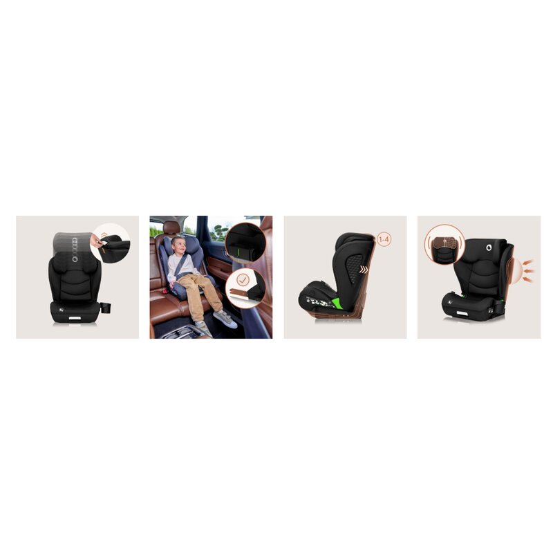 Scaun auto i-Size, Lionelo, Neal, Spatar reglabil in 4 pozitii, Tetiera in 10 pozitii, Suport sticla inclus, 15-36 Kg, 100-150 cm, Cu Isofix, Conform ECE R129, Negru