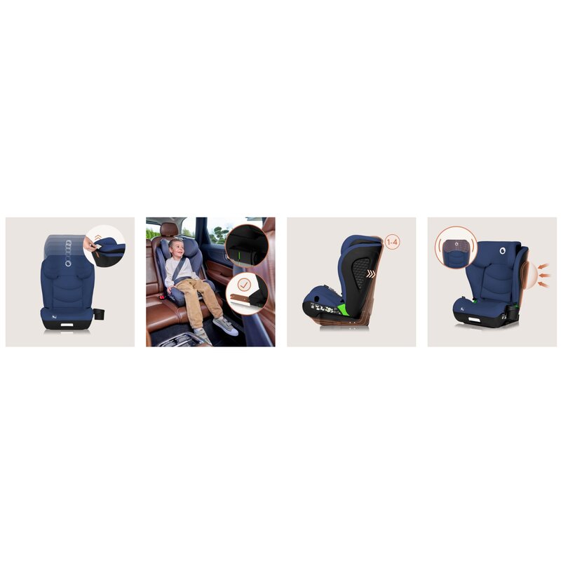 Scaun auto i-Size, Lionelo, Neal, Spatar reglabil in 4 pozitii, Tetiera in 10 pozitii, Suport sticla inclus, 15-36 Kg, 100-150 cm, Cu Isofix, Conform ECE R129, Albastru