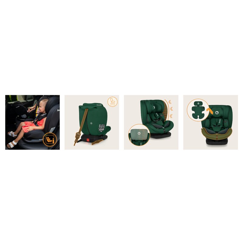 Scaun auto, Lionelo, Bastiaan i-Size, 4 in 1, Protectie laterala, Cu spatar inclinabil in 4 pozitii, Cu tetiera reglabila in 7 pozitii, Rotire 360 grade, Top Tether, 0-36 Kg, 40-150 cm, Cu Isofix, Conform cu ECE R129/03, Verde