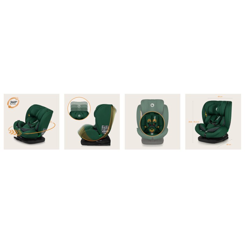 Scaun auto, Lionelo, Bastiaan i-Size, 4 in 1, Protectie laterala, Cu spatar inclinabil in 4 pozitii, Cu tetiera reglabila in 7 pozitii, Rotire 360 grade, Top Tether, 0-36 Kg, 40-150 cm, Cu Isofix, Conform cu ECE R129/03, Verde