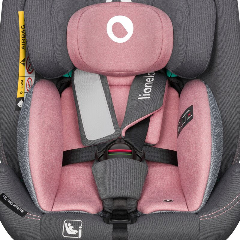 Scaun auto, Lionelo, Bastiaan One i-Size, 4 in 1, Protectie laterala, Cu spatar inclinabil in 4 pozitii, Cu tetiera reglabila in 13 pozitii, Rotire 360 grade, Top Tether, 0-36 Kg, 40-150 cm, Cu Isofix, Conform cu ECE R129, Roz