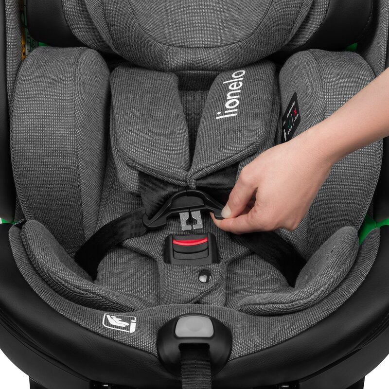 Scaun auto, Lionelo, Harmony i-Size, Rotire 360 grade, Protectie laterala, Cu spatar reglabil in 5 pozitii, Cu tetiera reglabila in 12 pozitii, 0-36 Kg, 40-150 cm, Cu Isofix, Husa din bambus, Conform cu ECE R129, Gri inchis