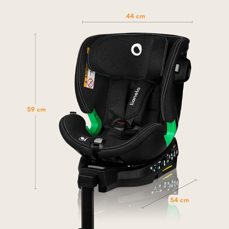 Scaun auto, Lionelo, Harmony i-Size, Rotire 360 grade, Protectie laterala, Cu spatar reglabil in 5 pozitii, Cu tetiera reglabila in 12 pozitii, 0-36 Kg, 40-150 cm, Cu Isofix, Husa din bambus, Conform cu ECE R129, Negru