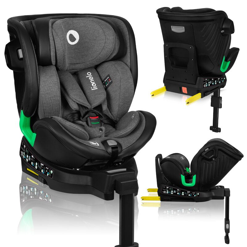 Scaun auto, Lionelo, Harmony i-Size, Rotire 360 grade, Protectie laterala, Cu spatar reglabil in 5 pozitii, Cu tetiera reglabila in 12 pozitii, 0-36 Kg, 40-150 cm, Cu Isofix, Husa din bambus, Conform cu ECE R129, Gri inchis