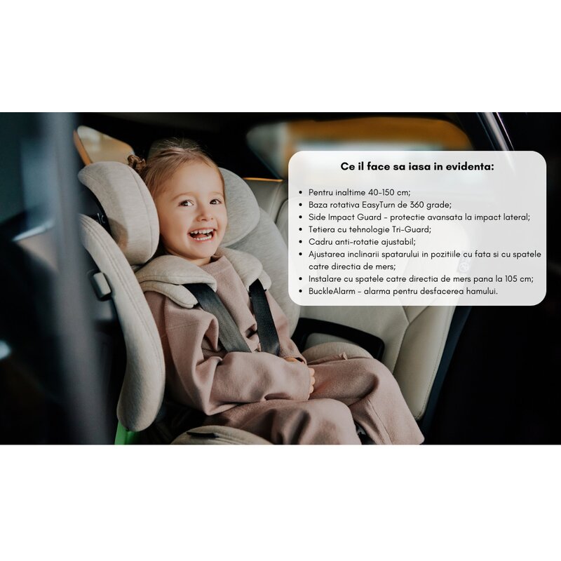 Scaun auto, Lionelo, Harmony i-Size, Rotire 360 grade, Protectie laterala, Cu spatar reglabil in 5 pozitii, Cu tetiera reglabila in 12 pozitii, 0-36 Kg, 40-150 cm, Cu Isofix, Husa din bambus, Conform cu ECE R129, Negru