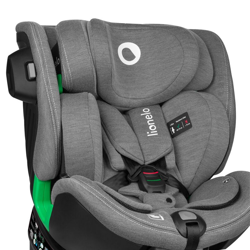 Scaun auto, Lionelo, Harmony i-Size, Rotire 360 grade, Protectie laterala, Cu spatar reglabil in 5 pozitii, Cu tetiera reglabila in 12 pozitii, 0-36 Kg, 40-150 cm, Cu Isofix, Husa din bambus, Conform cu ECE R129, Gri deschis