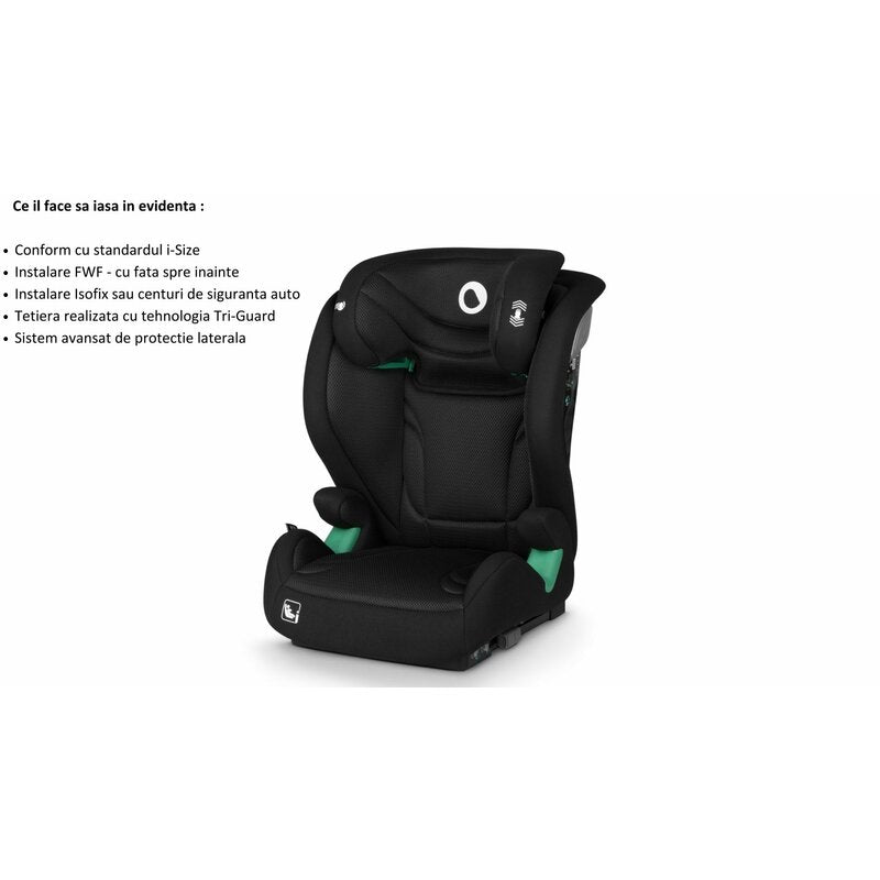 Scaun auto, Lionelo, i-Size Igo, 100- 150 cm, Cu isofix, Protectie laterala, Ajustare spatar in 2 pozitii, Tetiera Tri-Guard reglabila in 11 pozitii, Conform cu standardul european de securitate R129, Negru