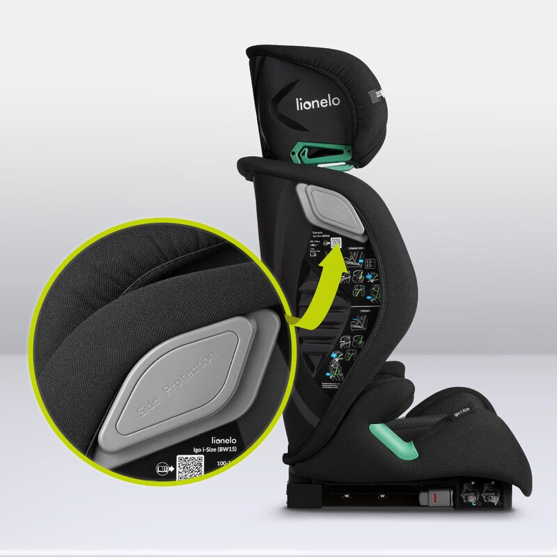 Scaun auto, Lionelo, i-Size Igo, 100- 150 cm, Cu isofix, Protectie laterala, Ajustare spatar in 2 pozitii, Tetiera Tri-Guard reglabila in 11 pozitii, Conform cu standardul european de securitate R129, Negru