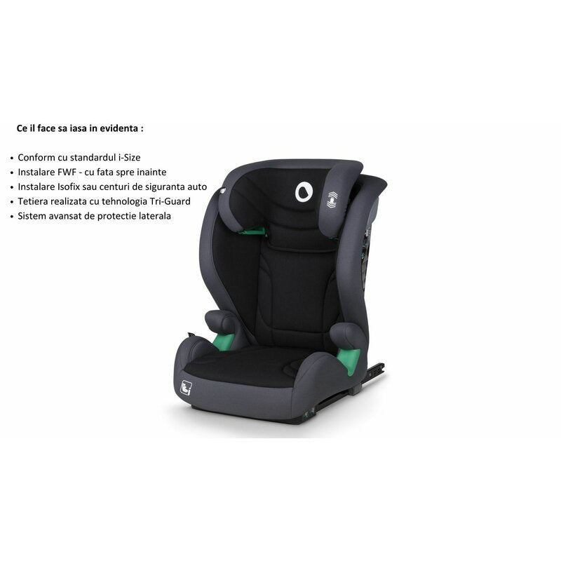Scaun auto, Lionelo, i-Size Igo, 100- 150 cm, Cu isofix, Protectie laterala, Ajustare spatar in 2 pozitii, Tetiera Tri-Guard reglabila in 11 pozitii, Conform cu standardul european de securitate R129, Gri