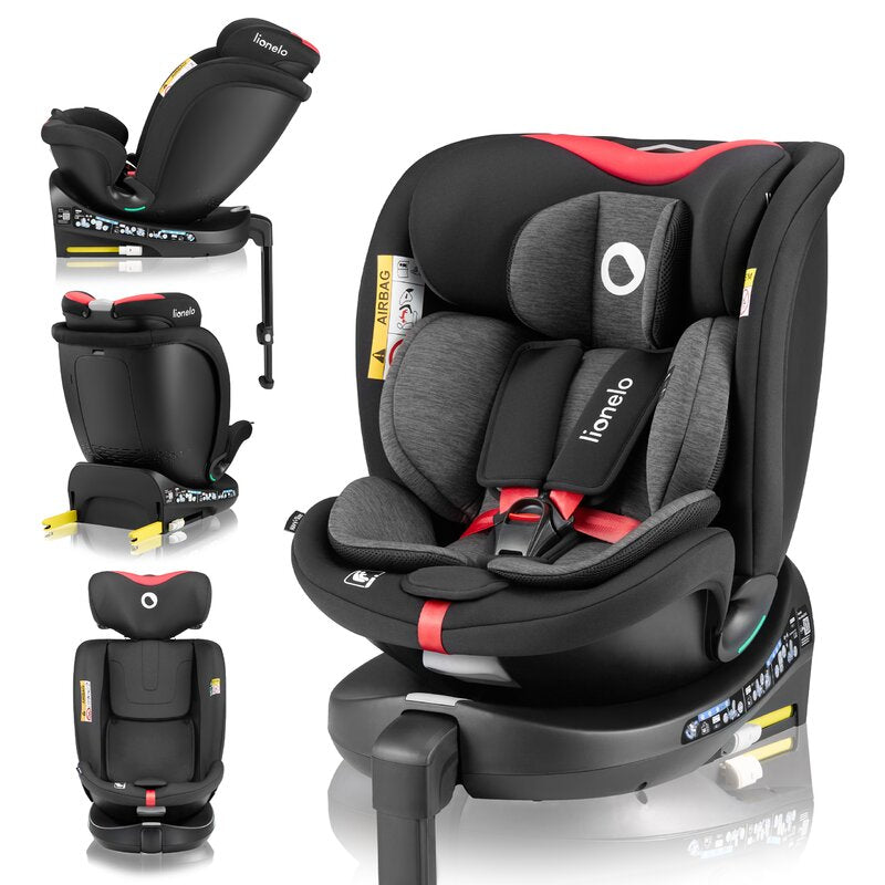 Scaun auto, Lionelo, i-Size Navy, 0-36 Kg, 40-150 cm, Cu isofix si picior de fixare, Protectie laterala, Rotire 360 grade, Ajustare spatar in 4 pozitii, Tetiera reglabila in 11 trepte, Conform cu R129, Negru/Rosu