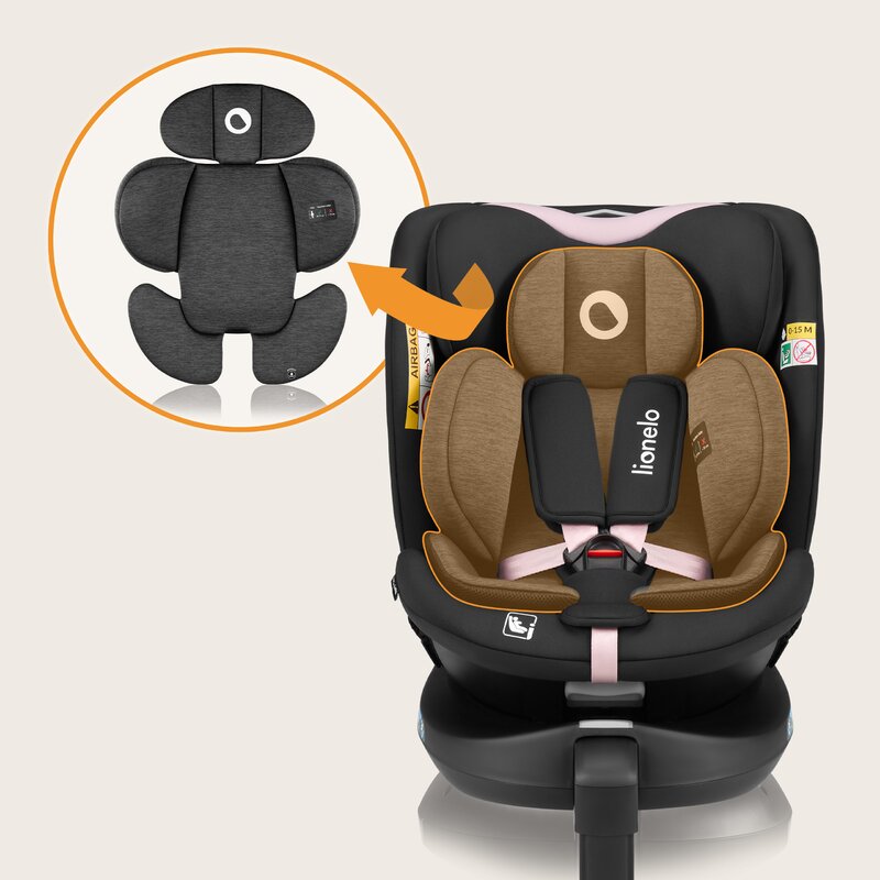 Scaun auto, Lionelo, i-Size Navy, 0-36 Kg, 40-150 cm, Cu isofix si picior de fixare, Protectie laterala, Rotire 360 grade, Ajustare spatar in 4 pozitii, Tetiera reglabila in 11 trepte, Conform cu R129, Negru/Roz