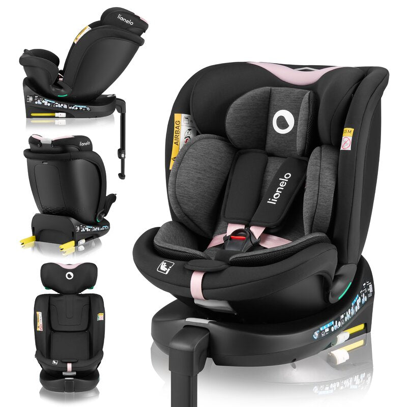 Scaun auto, Lionelo, i-Size Navy, 0-36 Kg, 40-150 cm, Cu isofix si picior de fixare, Protectie laterala, Rotire 360 grade, Ajustare spatar in 4 pozitii, Tetiera reglabila in 11 trepte, Conform cu R129, Negru/Roz