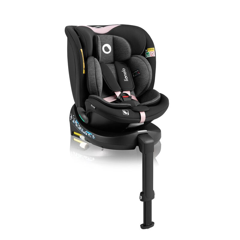 Scaun auto, Lionelo, i-Size Navy, 0-36 Kg, 40-150 cm, Cu isofix si picior de fixare, Protectie laterala, Rotire 360 grade, Ajustare spatar in 4 pozitii, Tetiera reglabila in 11 trepte, Conform cu R129, Negru/Roz