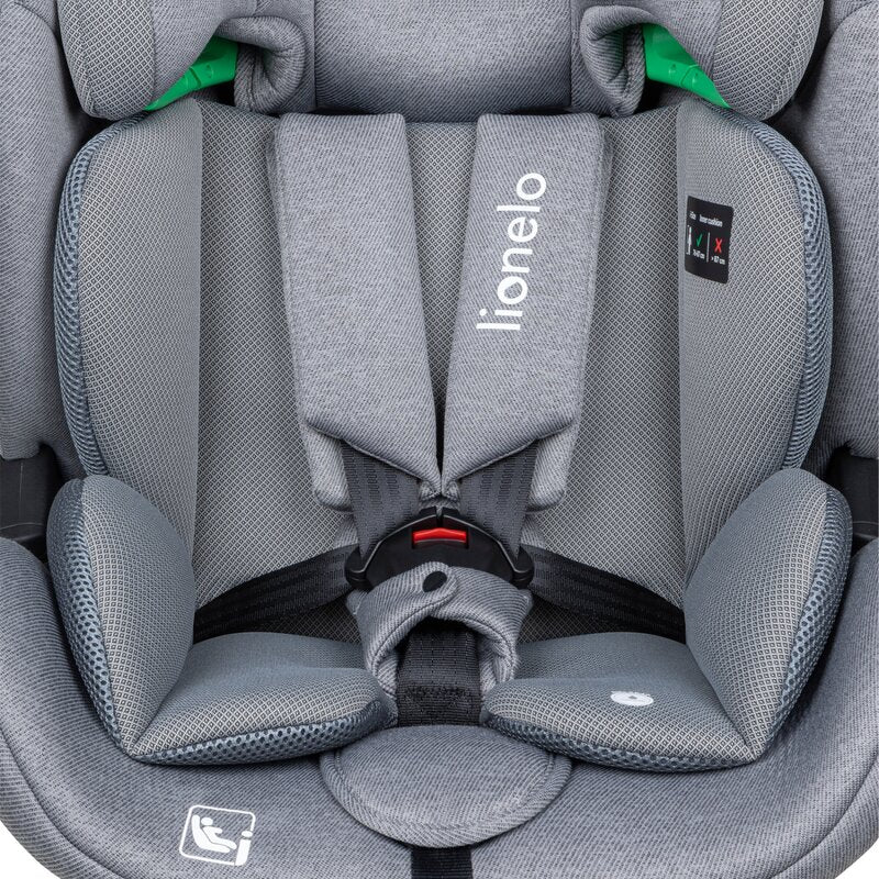 Scaun auto, Lionelo, Lavender I-size, Isofix, Cu centura TopTether, Cu spatar inclinabil in 5 pozitii, Cu tetiera reglabila in 13 pozitii, Instalare cu fata inainte, 9-36 Kg, 76-150 cm, Conform cu ECE R129, Gri