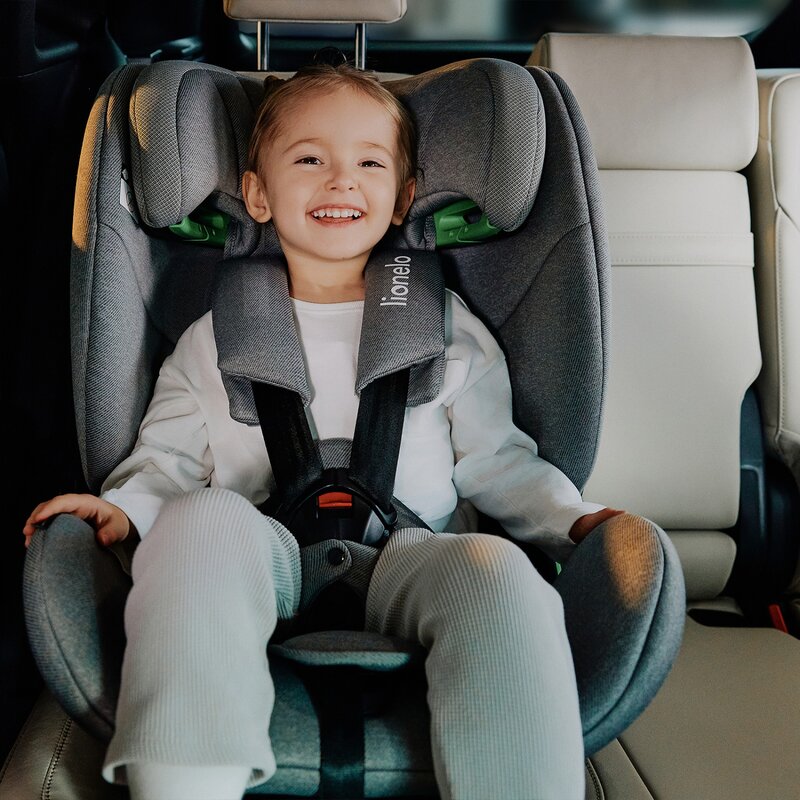 Scaun auto, Lionelo, Lavender I-size, Isofix, Cu centura TopTether, Cu spatar inclinabil in 5 pozitii, Cu tetiera reglabila in 13 pozitii, Instalare cu fata inainte, 9-36 Kg, 76-150 cm, Conform cu ECE R129, Gri