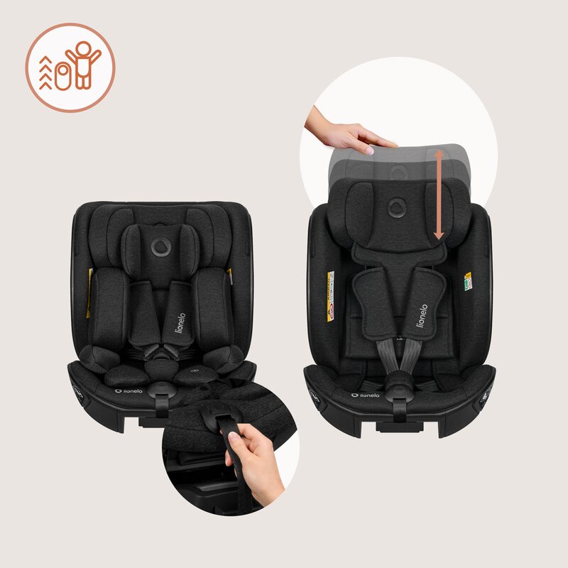 Scaun auto, Lionelo, Moxie Next, i-Size, 40-105 cm, Tetiera reglabila pe 8 trepte, Inclinare spatar in 5 pozitii, Carcasa ventilata, Din bambus, Protectie avansata, Husa detasabila, Conform cu R129, Negru