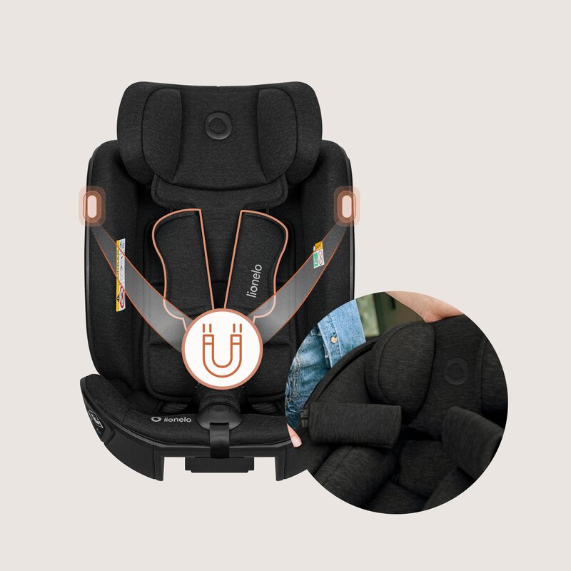 Scaun auto, Lionelo, Moxie Next, i-Size, 40-105 cm, Tetiera reglabila pe 8 trepte, Inclinare spatar in 5 pozitii, Carcasa ventilata, Din bambus, Protectie avansata, Husa detasabila, Conform cu R129, Negru