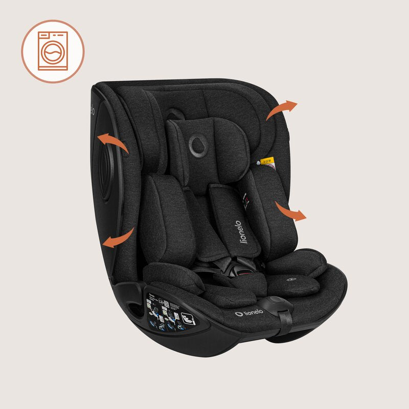 Scaun auto, Lionelo, Moxie Next, i-Size, 40-105 cm, Tetiera reglabila pe 8 trepte, Inclinare spatar in 5 pozitii, Carcasa ventilata, Din bambus, Protectie avansata, Husa detasabila, Conform cu R129, Negru