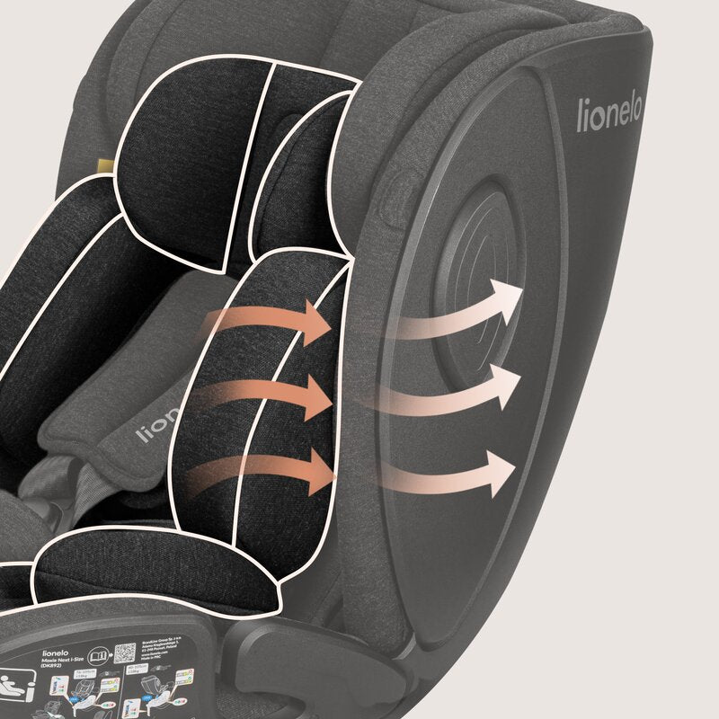 Scaun auto, Lionelo, Moxie Next, i-Size, 40-105 cm, Tetiera reglabila pe 8 trepte, Inclinare spatar in 5 pozitii, Carcasa ventilata, Din bambus, Protectie avansata, Husa detasabila, Conform cu R129, Negru