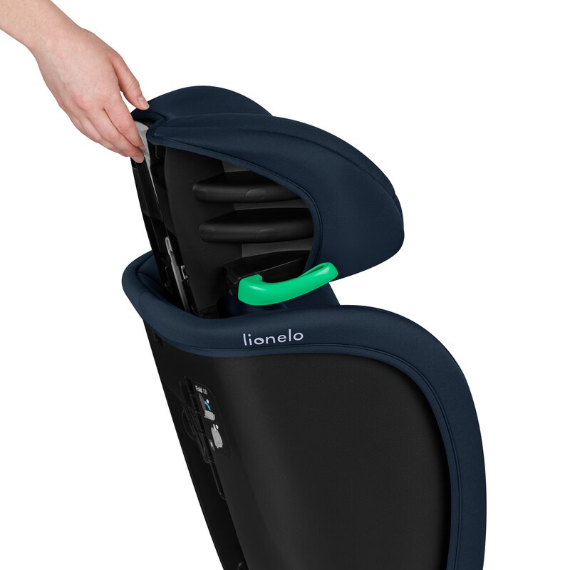Scaun auto pliabil, Lionelo, Orin, i-Size, 100-150 cm, Tetiera reglabila in 14 pozitii, Spatar in 4 pozitii, Isofix+Top Tether, Sezut ergonomic, Husa transport, Suport sticla, Albastru