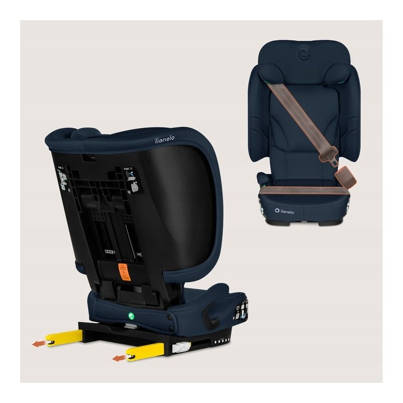 Scaun auto pliabil, Lionelo, Orin, i-Size, 100-150 cm, Tetiera reglabila in 14 pozitii, Spatar in 4 pozitii, Isofix+Top Tether, Sezut ergonomic, Husa transport, Suport sticla, Albastru
