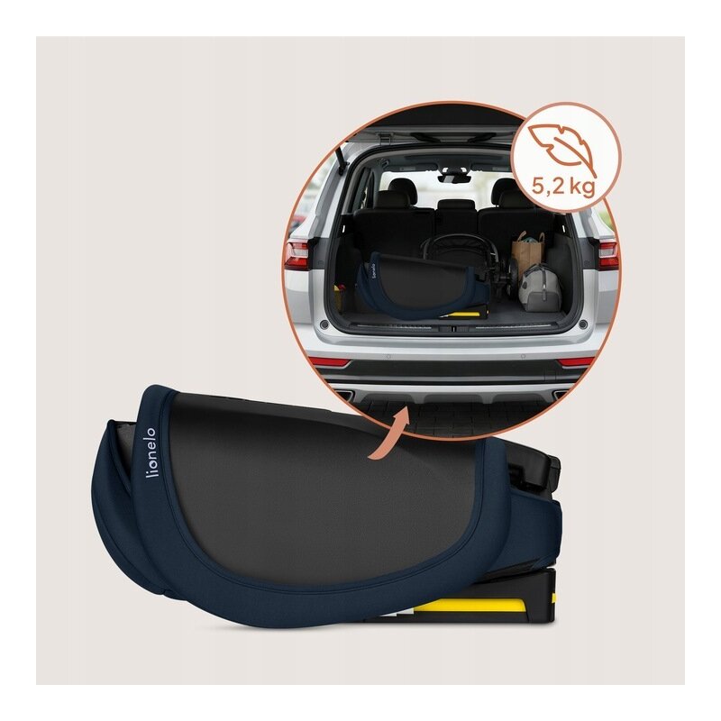 Scaun auto pliabil, Lionelo, Orin, i-Size, 100-150 cm, Tetiera reglabila in 14 pozitii, Spatar in 4 pozitii, Isofix+Top Tether, Sezut ergonomic, Husa transport, Suport sticla, Albastru