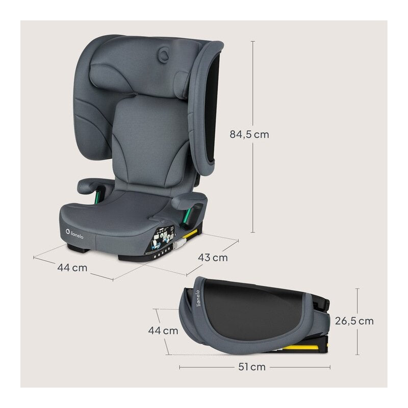 Scaun auto pliabil, Lionelo, Orin, i-Size, 100-150 cm, Tetiera reglabila in 14 pozitii, Spatar in 4 pozitii, Isofix+Top Tether, Sezut ergonomic, Husa transport, Suport sticla, Gri Grafit