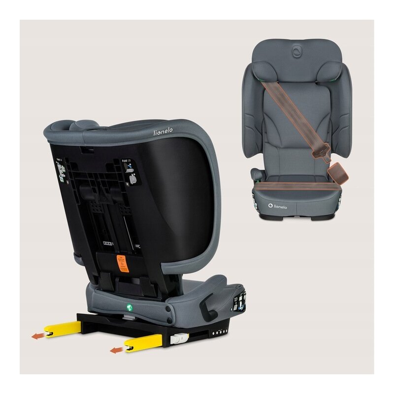 Scaun auto pliabil, Lionelo, Orin, i-Size, 100-150 cm, Tetiera reglabila in 14 pozitii, Spatar in 4 pozitii, Isofix+Top Tether, Sezut ergonomic, Husa transport, Suport sticla, Gri Grafit