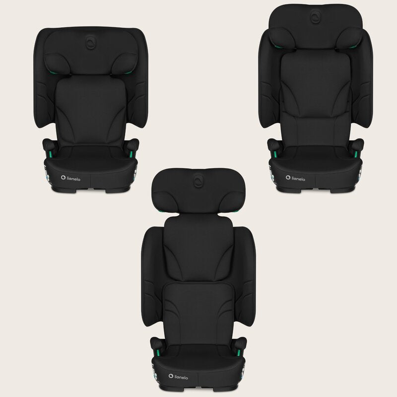 Scaun auto pliabil, Lionelo, Orin, i-Size, 100-150 cm, Tetiera reglabila in 14 pozitii, Spatar in 4 pozitii, Isofix+Top Tether, Sezut ergonomic, Husa transport, Suport sticla, Negru Carbon