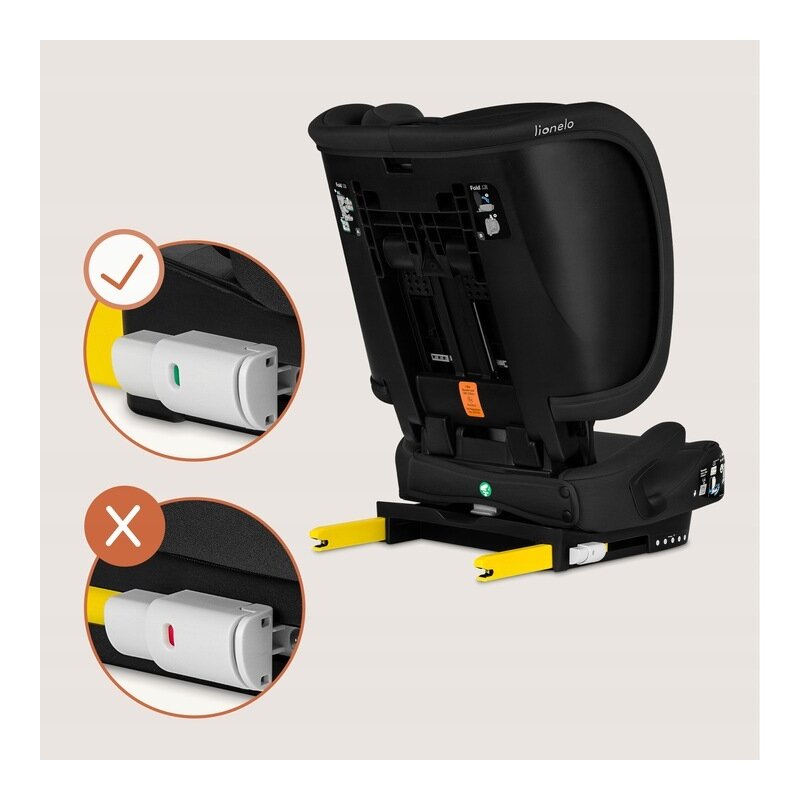 Scaun auto pliabil, Lionelo, Orin, i-Size, 100-150 cm, Tetiera reglabila in 14 pozitii, Spatar in 4 pozitii, Isofix+Top Tether, Sezut ergonomic, Husa transport, Suport sticla, Negru Carbon