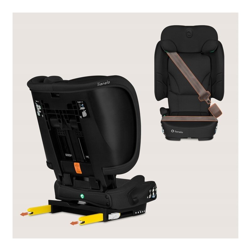 Scaun auto pliabil, Lionelo, Orin, i-Size, 100-150 cm, Tetiera reglabila in 14 pozitii, Spatar in 4 pozitii, Isofix+Top Tether, Sezut ergonomic, Husa transport, Suport sticla, Negru Carbon