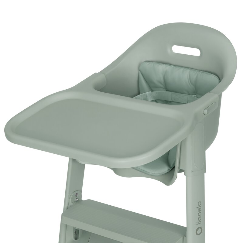 Scaun de masa, Lionelo, Beny, Suport de picioare si tavita ajustabile in 2 pozitii, Insertie moale, Centuri in 3 puncte, Asamblare rapida, Sustine 15 kg, 6 luni+, Verde