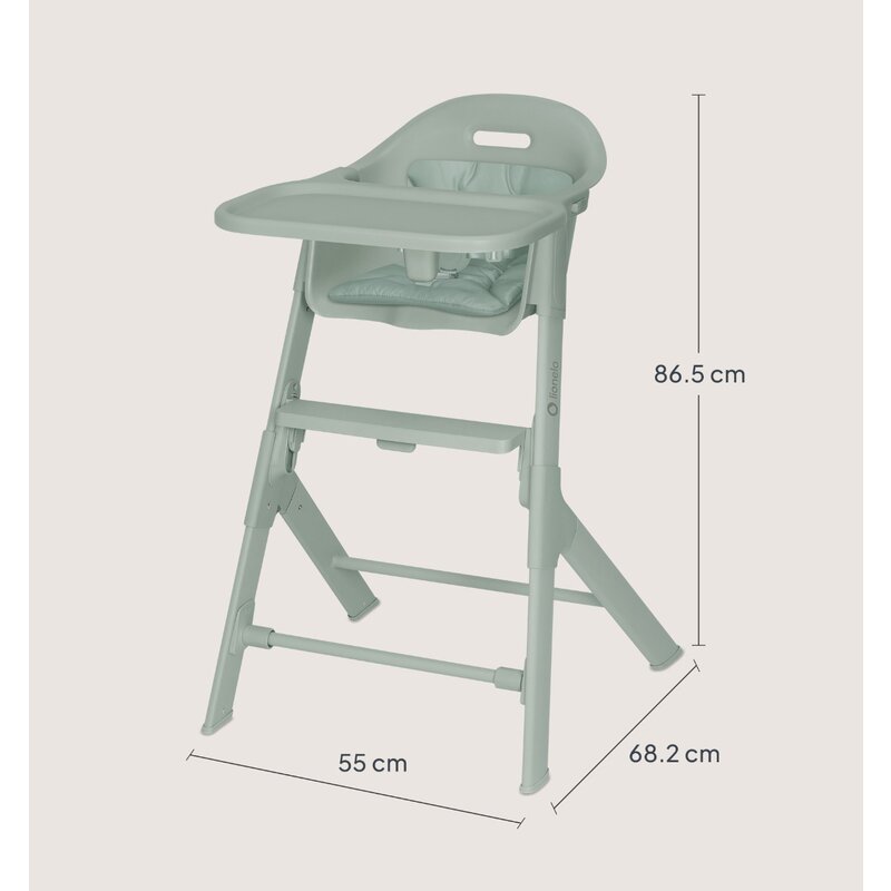 Scaun de masa, Lionelo, Beny, Suport de picioare si tavita ajustabile in 2 pozitii, Insertie moale, Centuri in 3 puncte, Asamblare rapida, Sustine 15 kg, 6 luni+, Verde