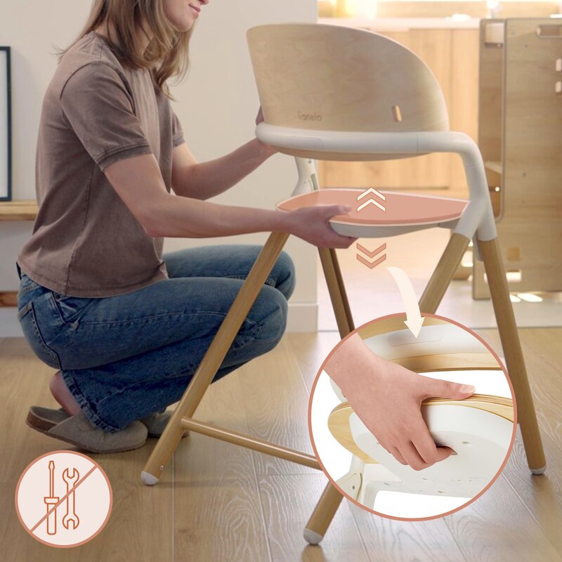 Scaun de masa multifunctional Celia, Lionelo, Din lemn de fag, 6 luni- adult, Reglabil pe inaltime, Spatar lat, Sezut ergonomic, Tavita silicon, Suport de picioare reglabil, Greutate maxima 90 Kg, Alb/Natural