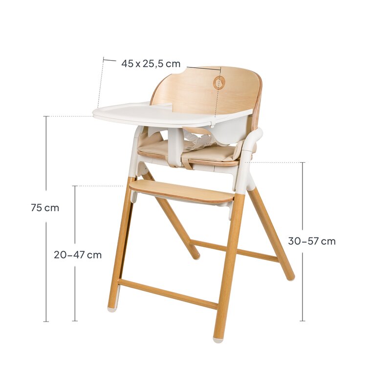 Scaun de masa multifunctional Celia, Lionelo, Din lemn de fag, 6 luni- adult, Reglabil pe inaltime, Spatar lat, Sezut ergonomic, Tavita silicon, Suport de picioare reglabil, Greutate maxima 90 Kg, Alb/Natural