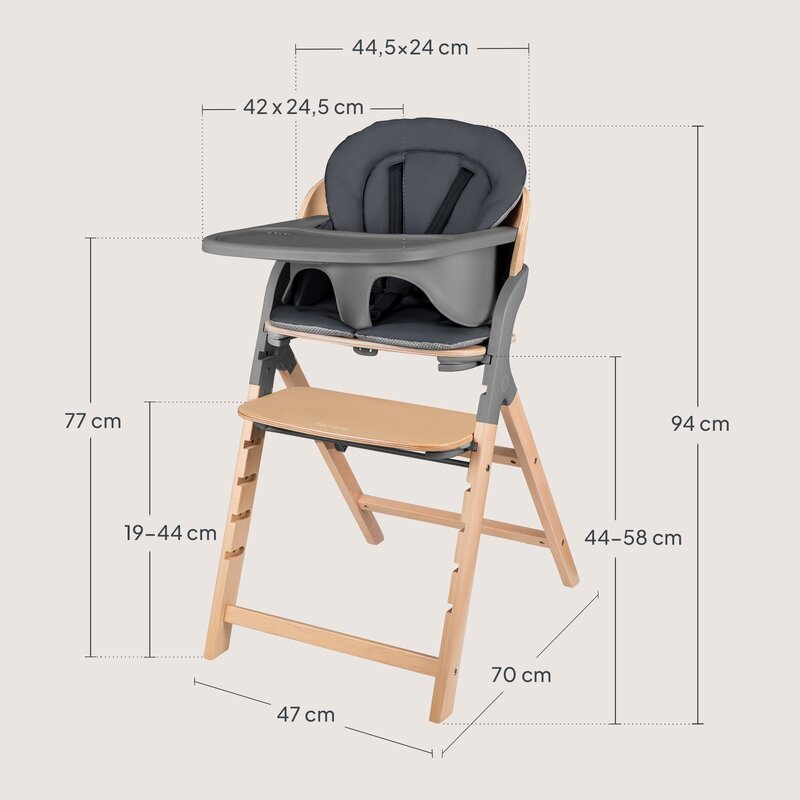 Scaun de masa multifunctional Megan, Lionelo, Din lemn de fag, 6 luni- adult, Reglabil pe inaltime, Husa impermeabila, Tavita silicon, Suport de picioare reglabil, Greutate maxima 110 Kg, Gri