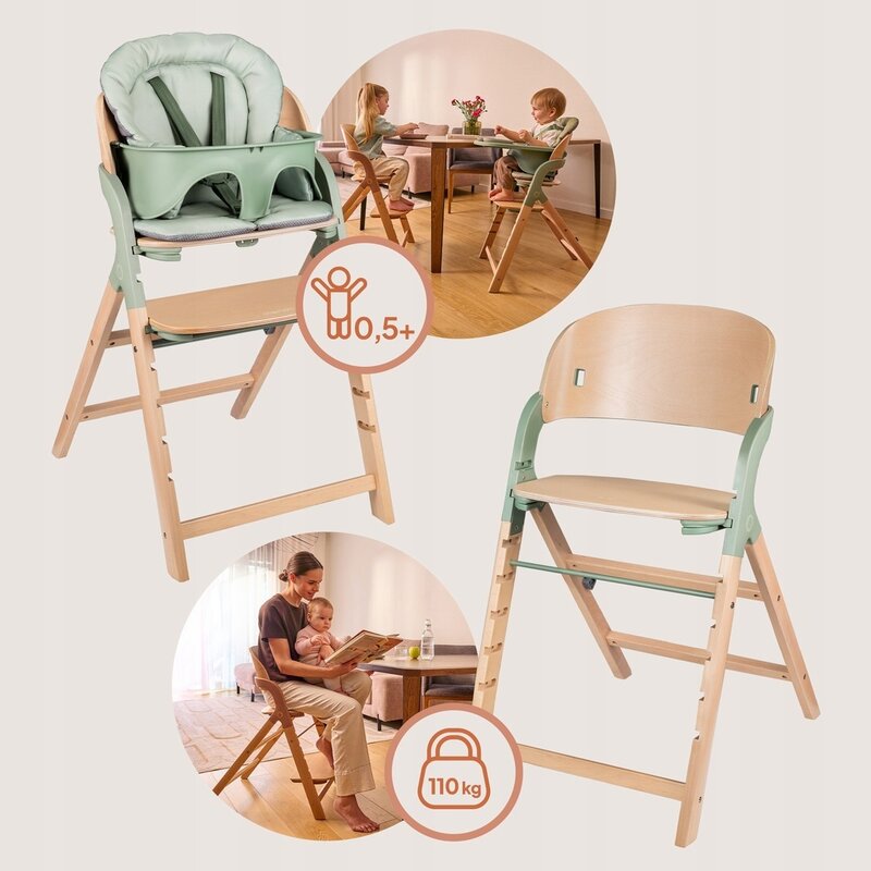 Scaun de masa multifunctional Megan, Lionelo, Din lemn de fag, 6 luni- adult, Reglabil pe inaltime, Husa impermeabila, Tavita silicon, Suport de picioare reglabil, Greutate maxima 110 Kg, Verde
