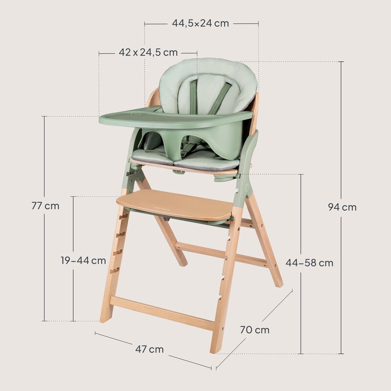 Scaun de masa multifunctional Megan, Lionelo, Din lemn de fag, 6 luni- adult, Reglabil pe inaltime, Husa impermeabila, Tavita silicon, Suport de picioare reglabil, Greutate maxima 110 Kg, Verde