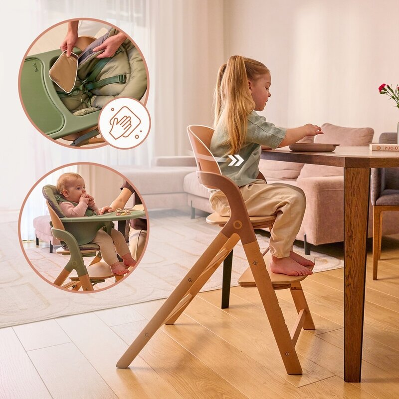 Scaun de masa multifunctional Megan, Lionelo, Din lemn de fag, 6 luni- adult, Reglabil pe inaltime, Husa impermeabila, Tavita silicon, Suport de picioare reglabil, Greutate maxima 110 Kg, Verde