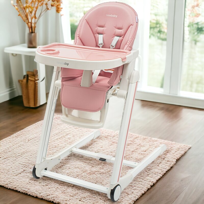 Scaun de masa, New Baby, Muka, Pliabil, Pana la 15 kg, Reglabil pe inaltime in 5 trepte, Reglare suport pentru picioare in 3 trepte, 6-36 luni, Dusty Pink