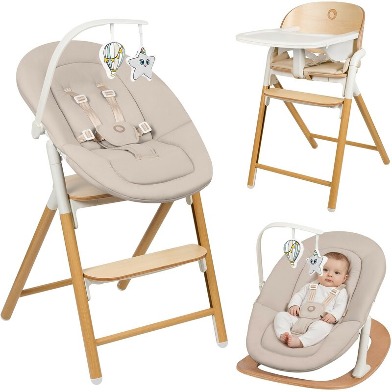 Scaunel multifunctional, Lionelo, Celia, 4 in 1, Functie de balansoar, Din lemn de fag, 6 luni- adult, Reglabil pe inaltime, Spatar lat, Sezut ergonomic, Tavita silicon, Suport de picioare reglabil, Greutate maxima 110 Kg, Alb/Natural